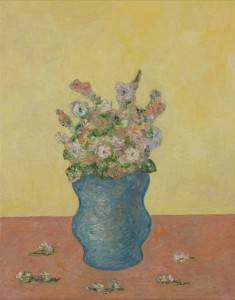 Flowers in Blue Vase against a Yellow Background • 2009 • Oil on Canvas • 14" x 11"          